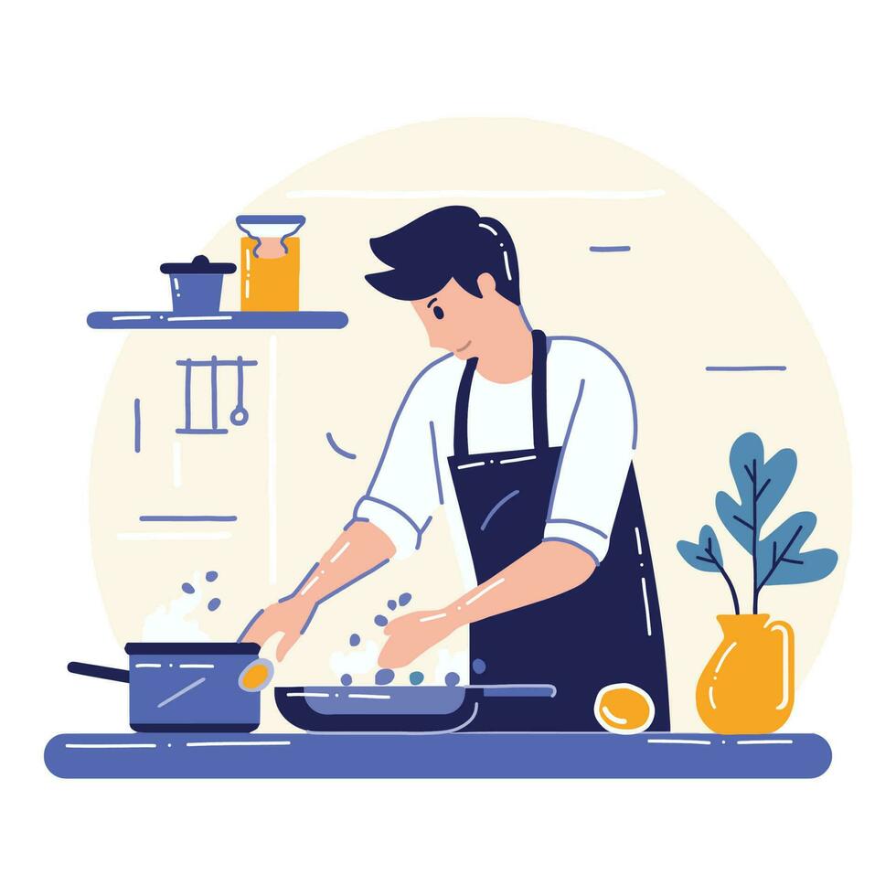 Hand gezeichnet Koch Kochen im das Küche eben Stil Illustration zum Geschäft Ideen vektor