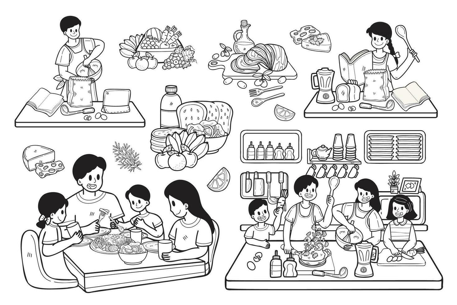 Hand gezeichnet Familie Kochen Sammlung im eben Stil Illustration zum Geschäft Ideen vektor