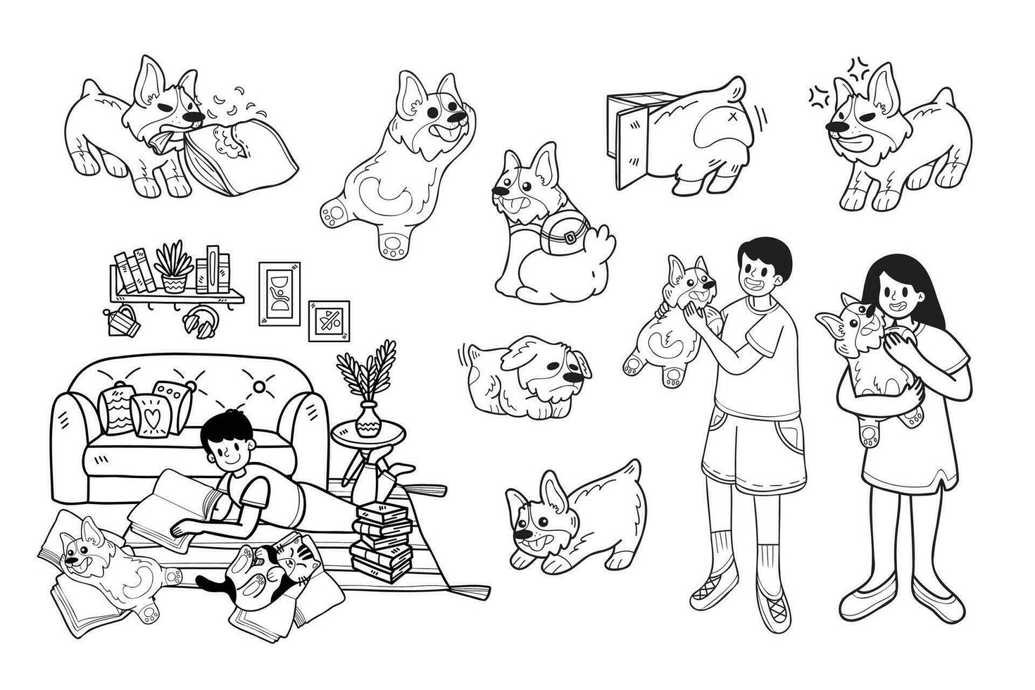 hand dragen hund och familj samling i platt stil illustration för företag idéer vektor