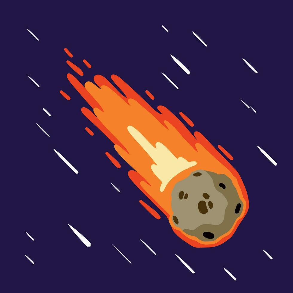 fliegend Asteroid, Verbrennung Komet auf Hintergrund von Nacht Himmel. gefährlich Raum Objekt. astronomisch Objekt mit Schwanz Vektor Design Illustration