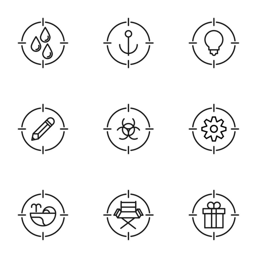 vektor översikt tecken och symboler dragen i platt stil med svart tunn linje. redigerbar slag. linje ikoner av släppa, ankare, lampa, penna, redskap inuti av mål