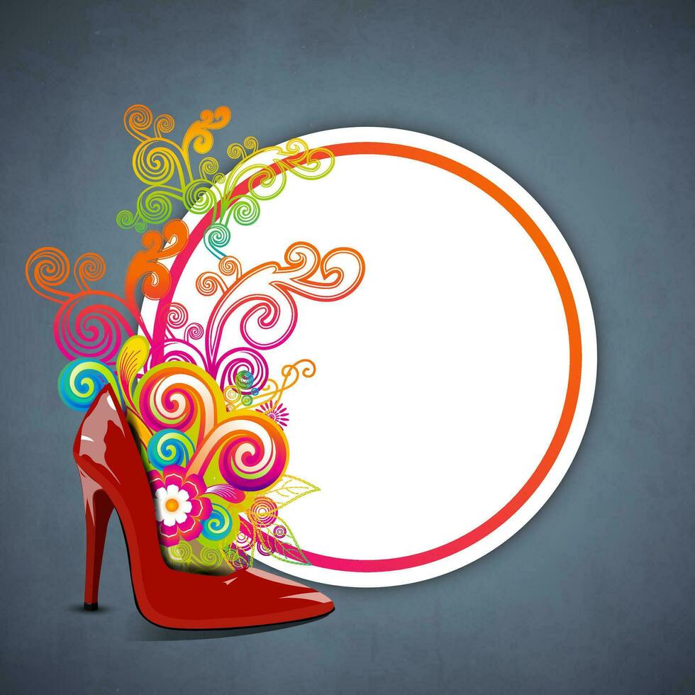 Lycklig kvinnors dag hälsning kort eller bakgrund med en röd damer sko på blommig dekorativ bakgrund. vektor