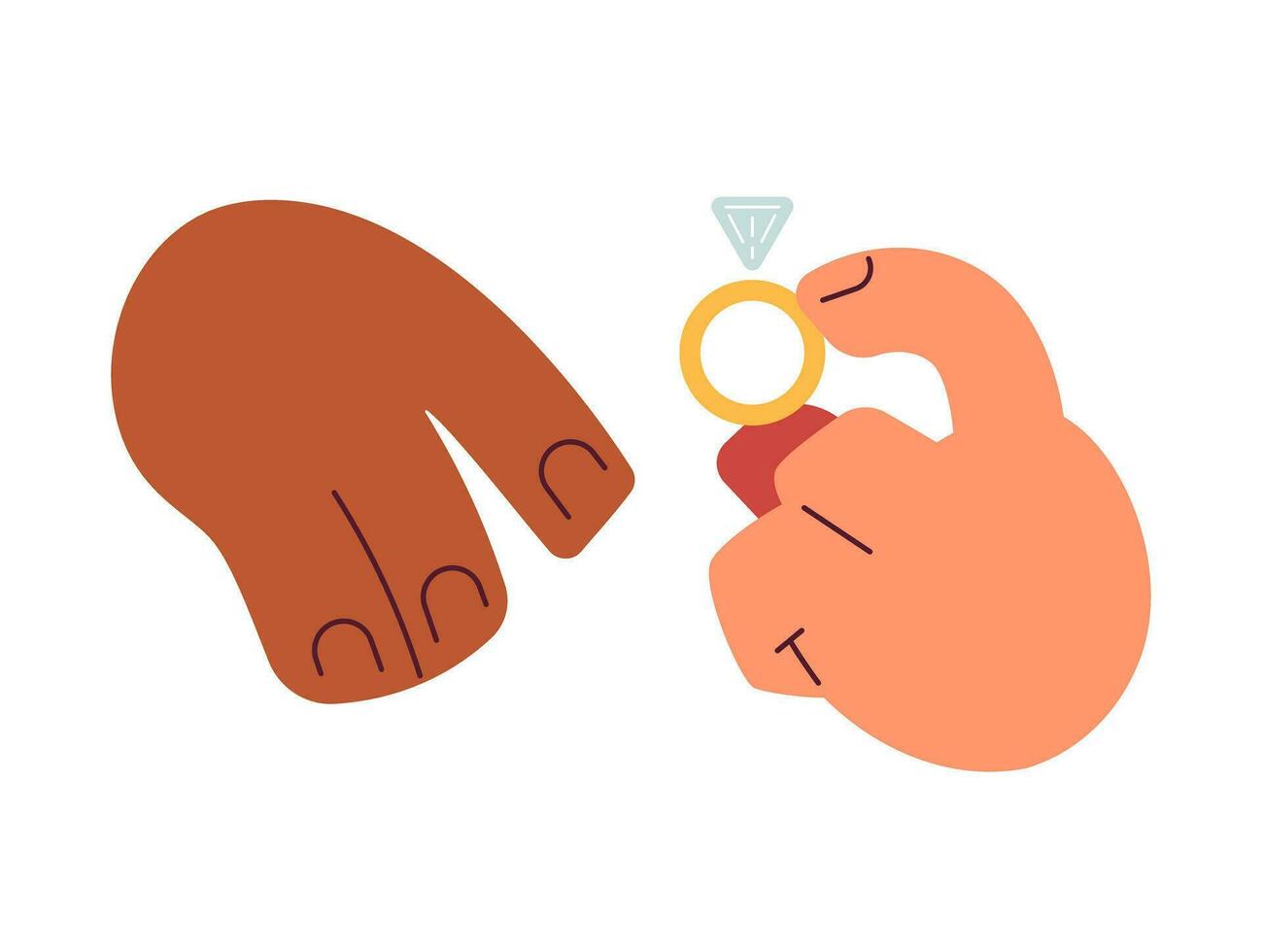 interracial Ehe halb eben bunt Vektor Hände. stellen Diamant Ring auf Finger. gemischt Rennen Paar. editierbar pov Nahansicht Clip Kunst auf Weiß. einfach Karikatur Stelle Illustration zum Netz Grafik Design