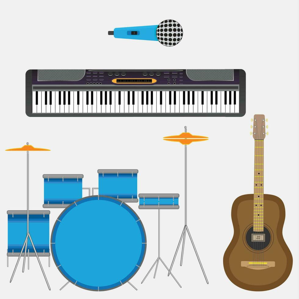 Musical Instrumente Gitarre und Synthesizer.musikalisch Instrumente isoliert, Klavier und Schlagzeug, Vektor Illustration