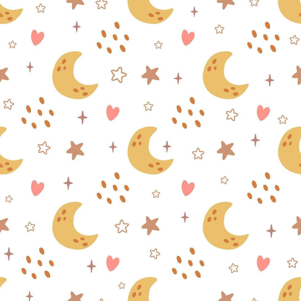 Baby Mond Nacht Himmel Vektor Muster zum Kinder. süß Halbmond Sterne, Wolken nahtlos Hintergrund. Baby Süss Traum drucken im Pastell- Farben, wiederholen Hintergrund. kindisch Textil- Design. Kindergarten Stoff.