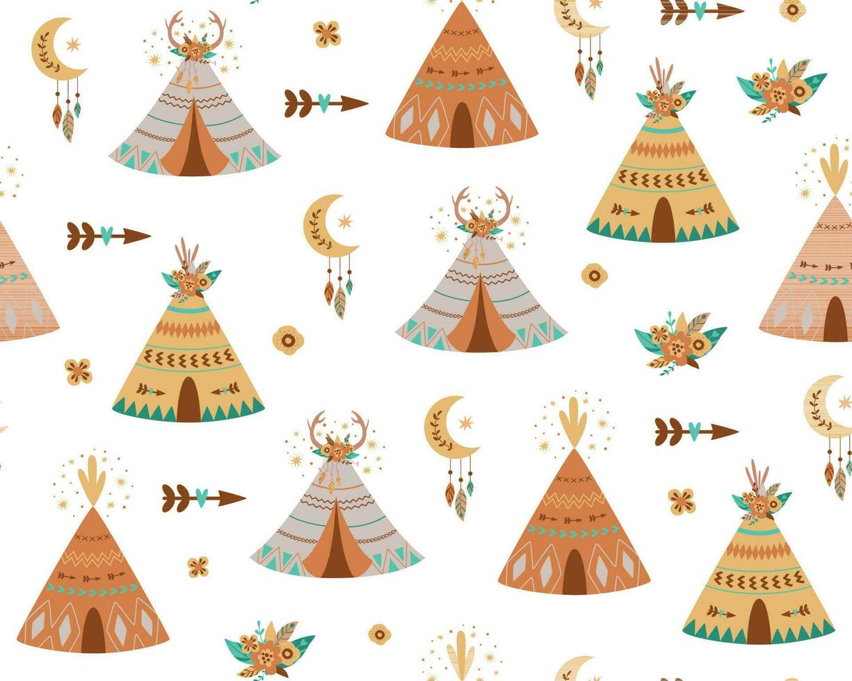 barn teepee mönster. äventyr bebis wigwam mönster. söt boho bakgrund med tält, pilar, teepee peruk va, måne. sömlös söt indisk bakgrund för ungar. vektor illustration. neutral stam- skriva ut.