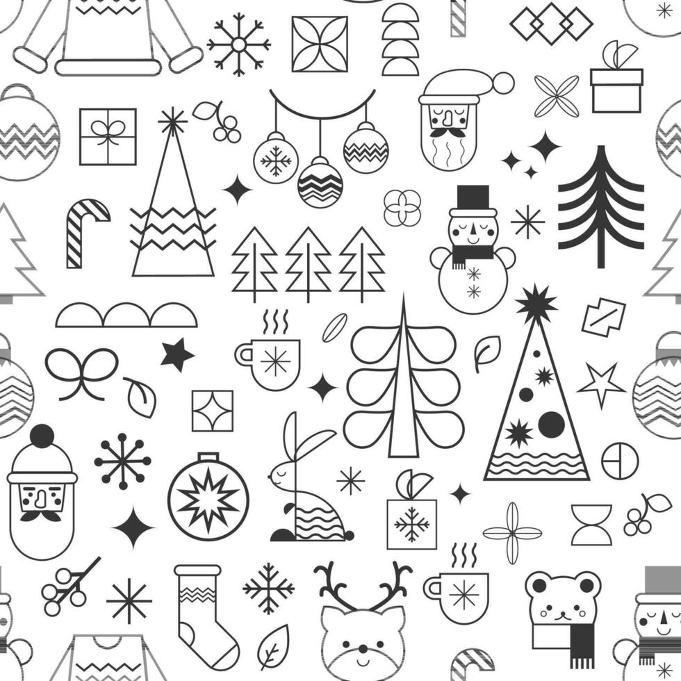 Weihnachten Symbole nahtlos Muster. minimal schwarz und Weiß Winter Urlaub wiederholen Hintergrund. Neu Jahr dekorativ Hintergrund im Gliederung Stil. Weihnachten geometrisch Hintergrund. Vektor Weihnachten Symbole.