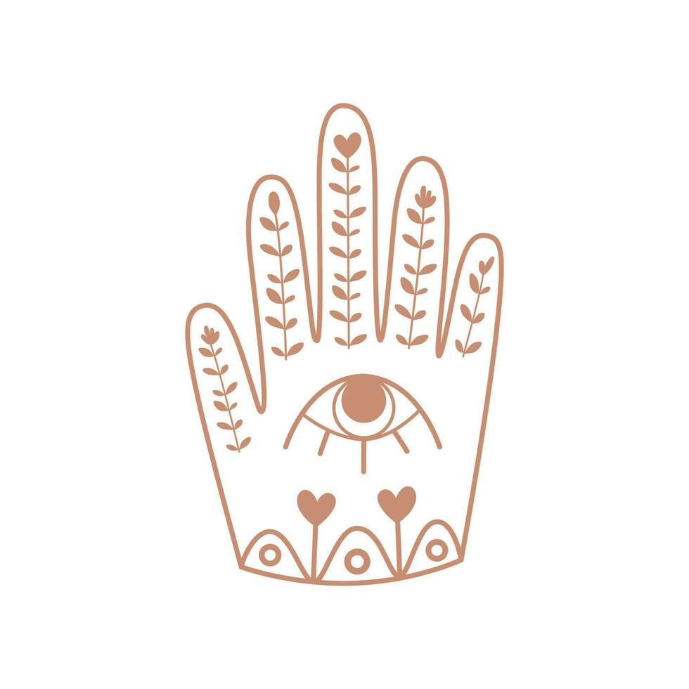 hamsa Hand mit Auge. Boho Hand, Blumen- verziert ethnisch Element. Bohemien Aufkleber. Kinder Boho Amulett Hand von Gott, schützend Zeichen bringen Glück, Glück, Gesundheit gut Reichtum. Vektor Illustration.