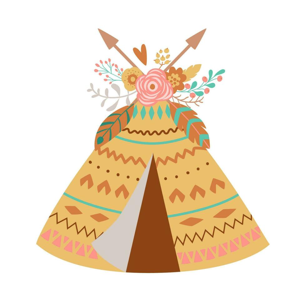 söt boho teepee med blommig bukett, fjädrar, pilar. stam- bebis flicka element. teepee tält, gul wigwam med indisk prydnad. boho chic pil. barn camping teepee hand dragen vektor illustration.