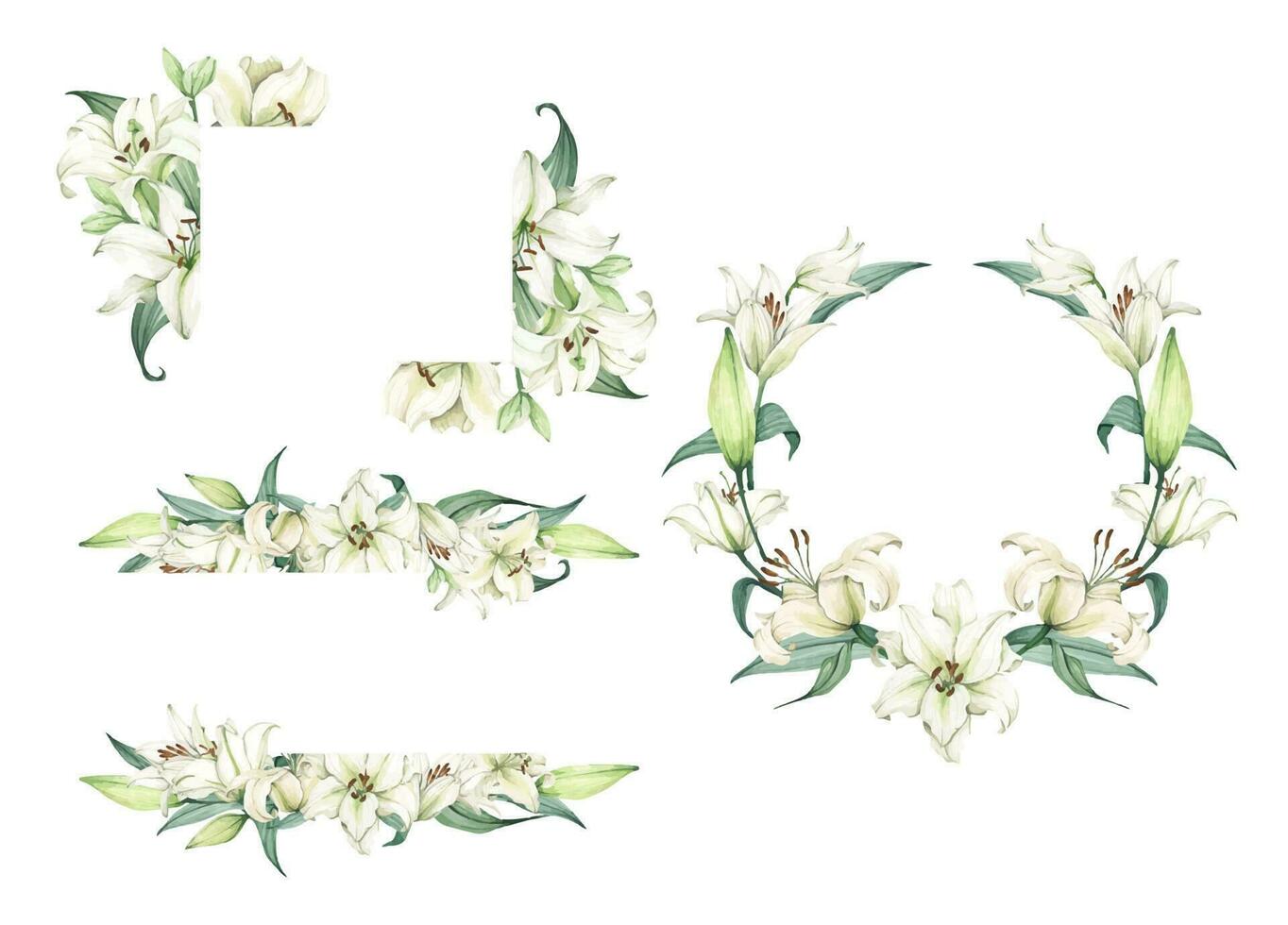 uppsättning av vit lilja. blommig bukett för bröllop inbjudningar, födelsedag brevpapper, hälsning kort, scrapbooking. vattenfärg illustration vektor