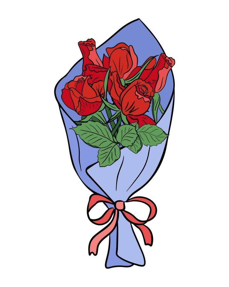 röd ro knippa i omslag papper med band. översikt platt vektor illustration. isolerat blommig bukett på vit bakgrund för hälsning kort, inbjudan, bakgrund eller baner.
