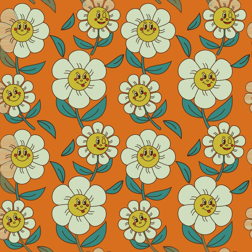 nostalgisk tecknad serie sömlös blommig mönster på orange bakgrund. barnslig daisy karaktär med känslor. unik platt vektor design. lämplig för barn textil, tapet, omslag, bakgrund.