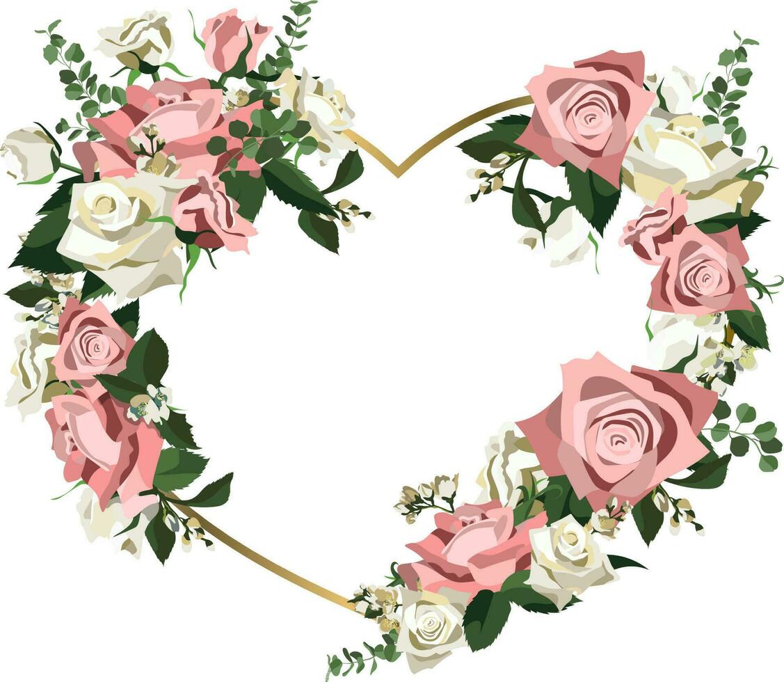 Vektor Blumen- Herz geformt Rahmen mit Rosen, Jasmin Blumen und Eukalyptus, Kopieren Raum inbegriffen