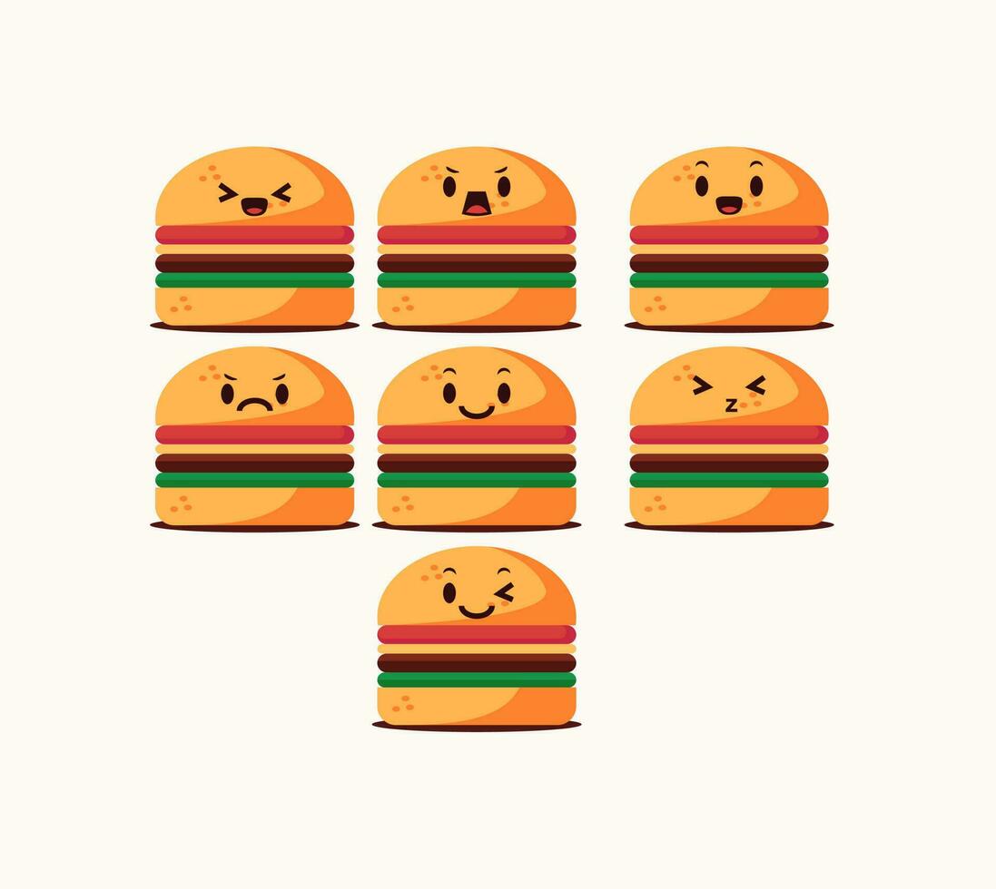 hamburgare mat ikoner uppsättning med uttryck vektor illustration