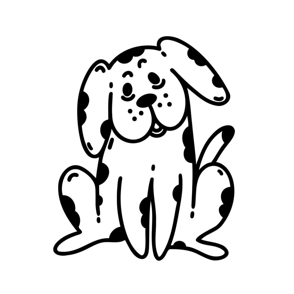 süß Karikatur Hund Vektor Symbol. entdeckt schwarz und Weiß Hündchen sieht aus überrascht und lächelt. süß flauschige Haustier ist Sitzung. einfach Gekritzel, skizzieren, Linie Kunst. komisch Clip Art zum Karten, Poster, drucken