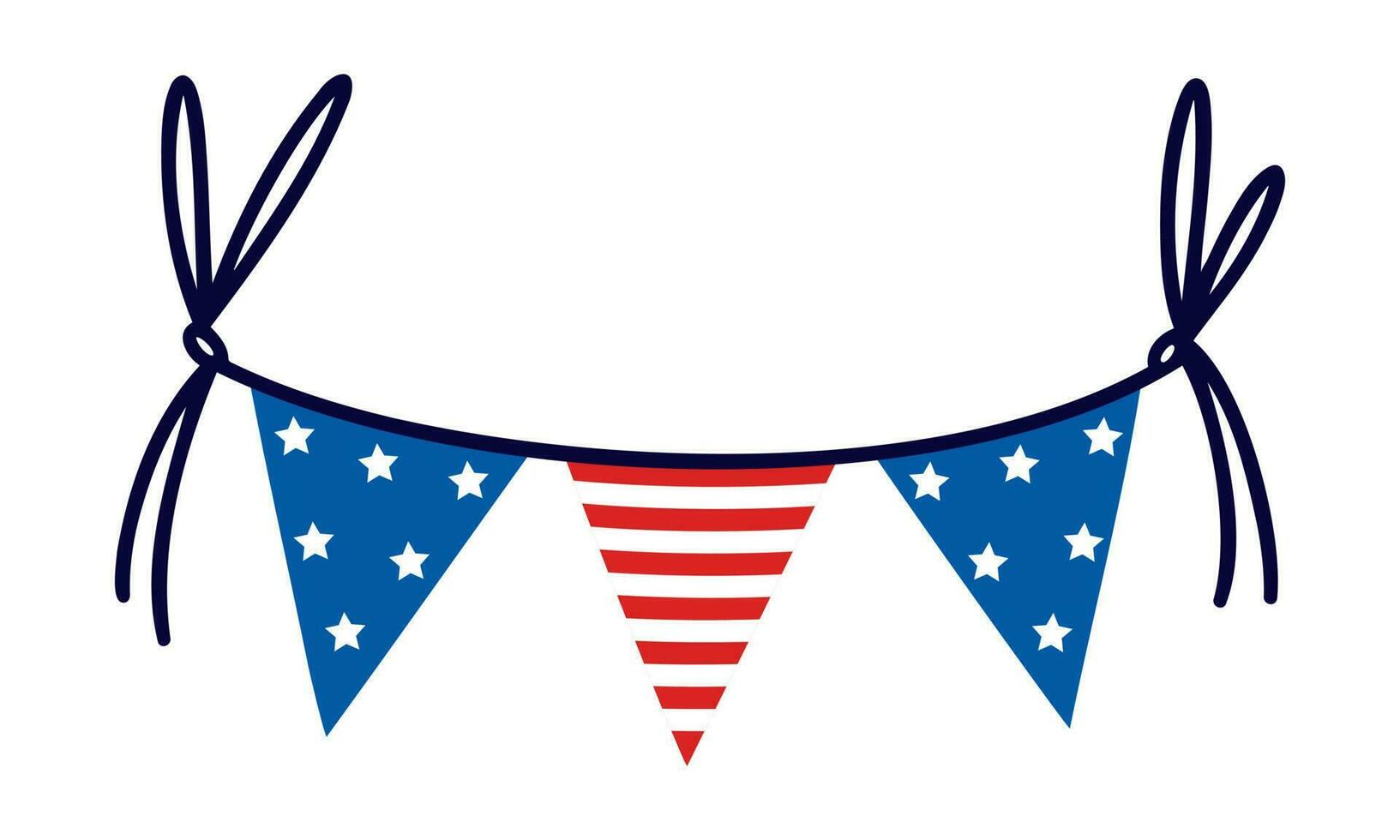 krans för juli 4:e oberoende dag av amerika. USA triangel- flagga med stjärnor, Ränder. Semester dekoration hängande på en rep. patriotisk tecken isolerat på vit. tecknad serie ClipArt för skriva ut, fest, webb vektor