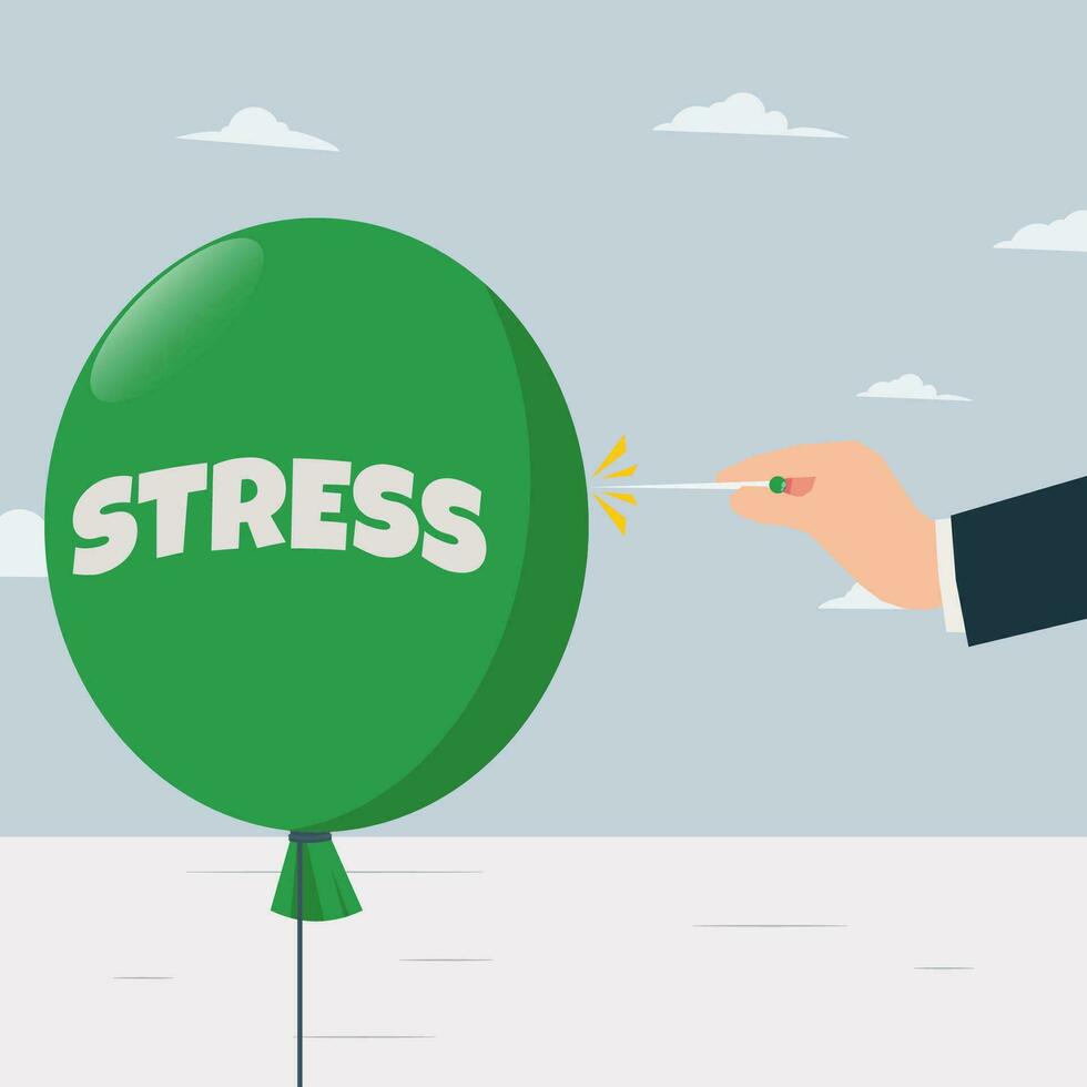 Hand schieben das Nadel zu Pop das Grün Stress Ballon Vektor Illustration