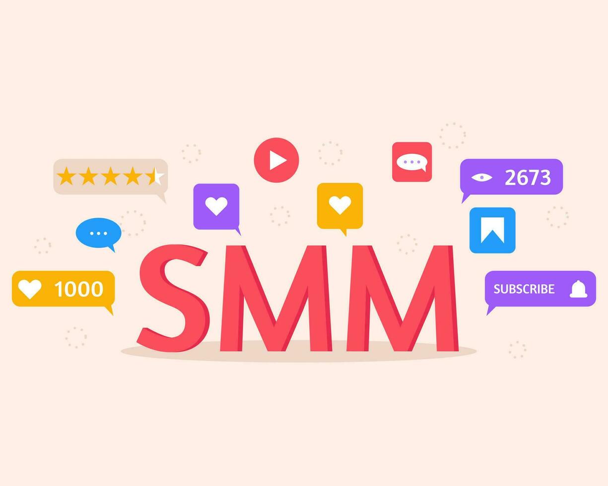 Social-Media-Marketing-Konzept mit Symbolen von smm. digitale marketingkampagne, ankündigung und werbebanner. flache vektorillustration. vektor