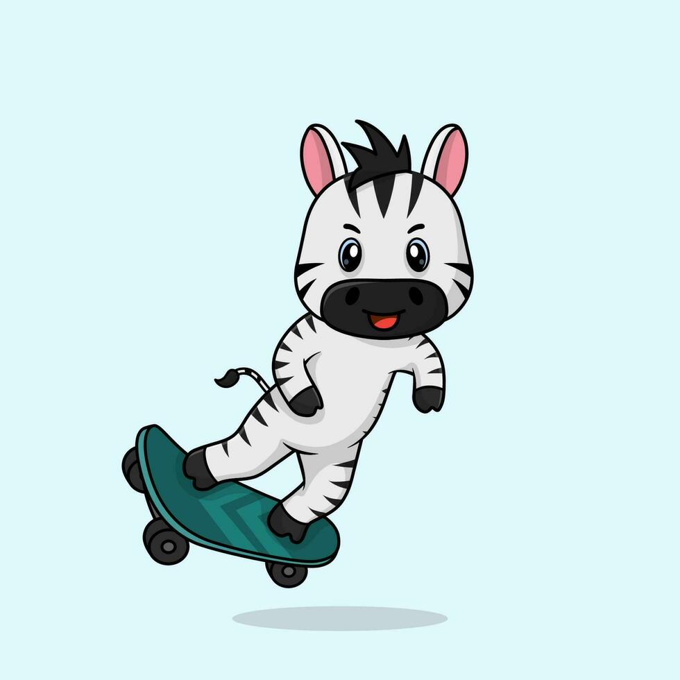 vektor söt bebis zebra tecknad serie spelar skateboard ikon platt illustration.