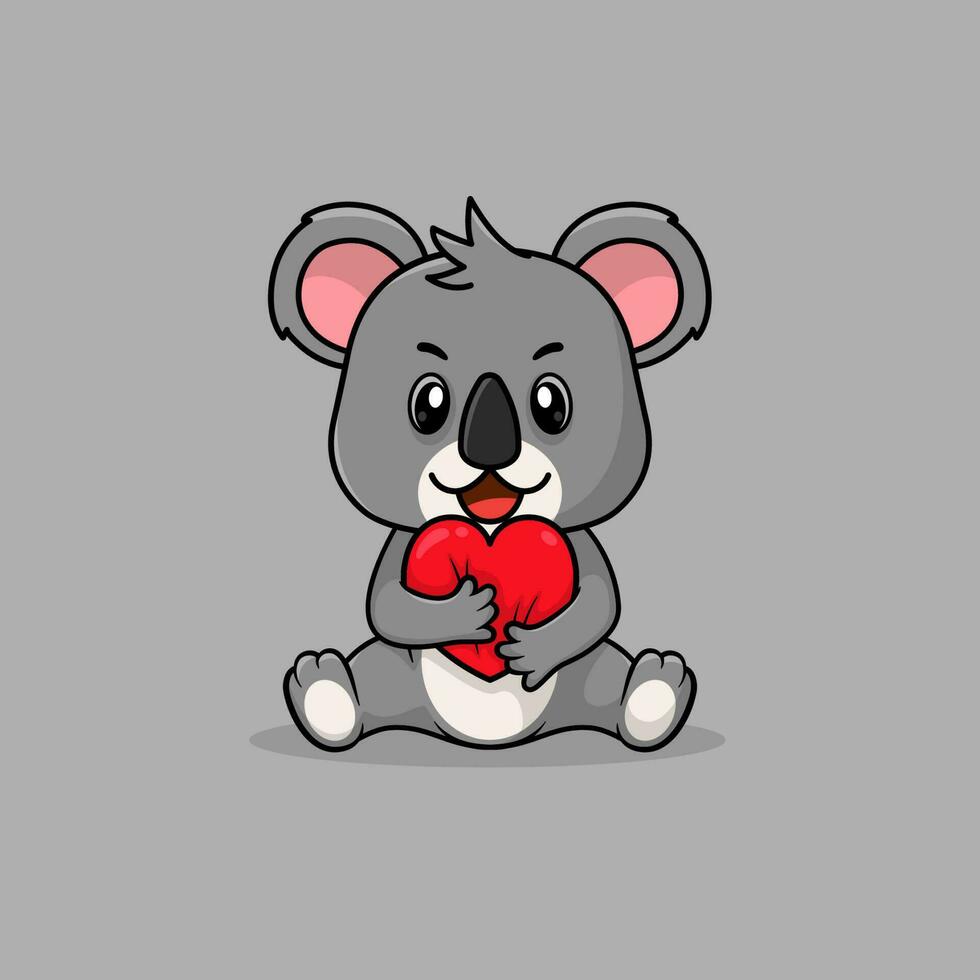 vektor söt bebis koala tecknad serie innehav kärlek ikon platt illustration.