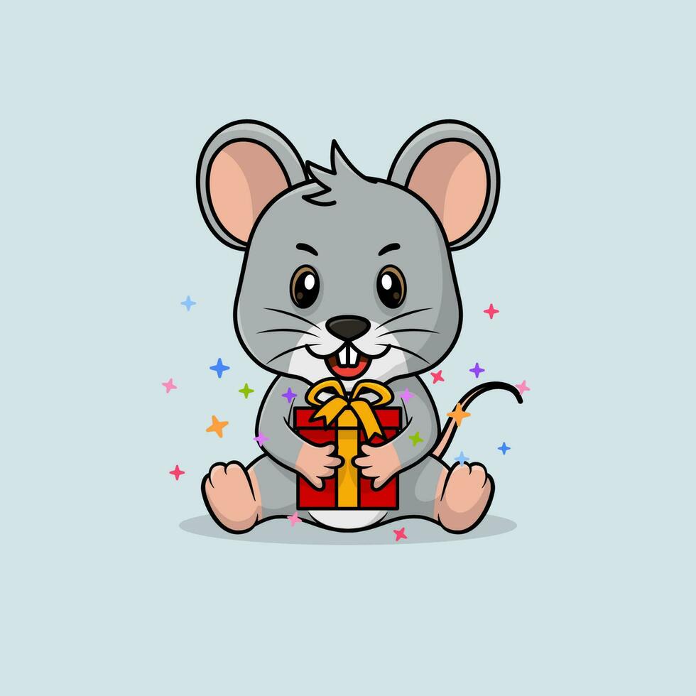 Vektor süß Baby Maus Karikatur glücklich halten Geschenk eben Symbol Illustration.