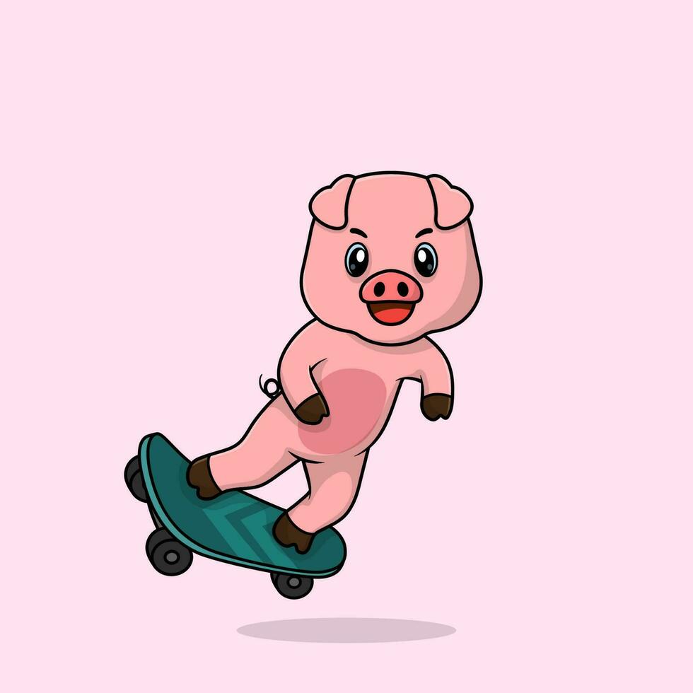Vektor süß Baby Schwein Karikatur spielen Skateboard Symbol eben Illustration.