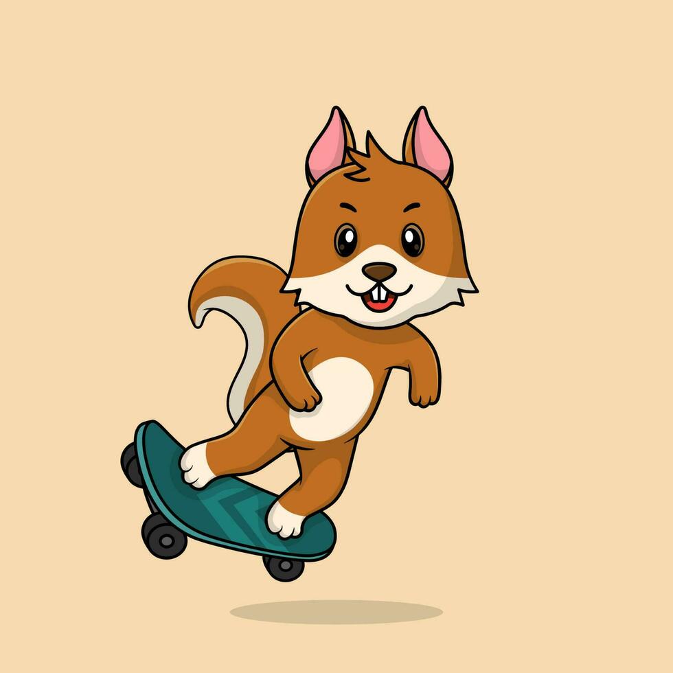 Vektor süß Baby Eichhörnchen Karikatur spielen Skateboard Symbol eben Illustration.