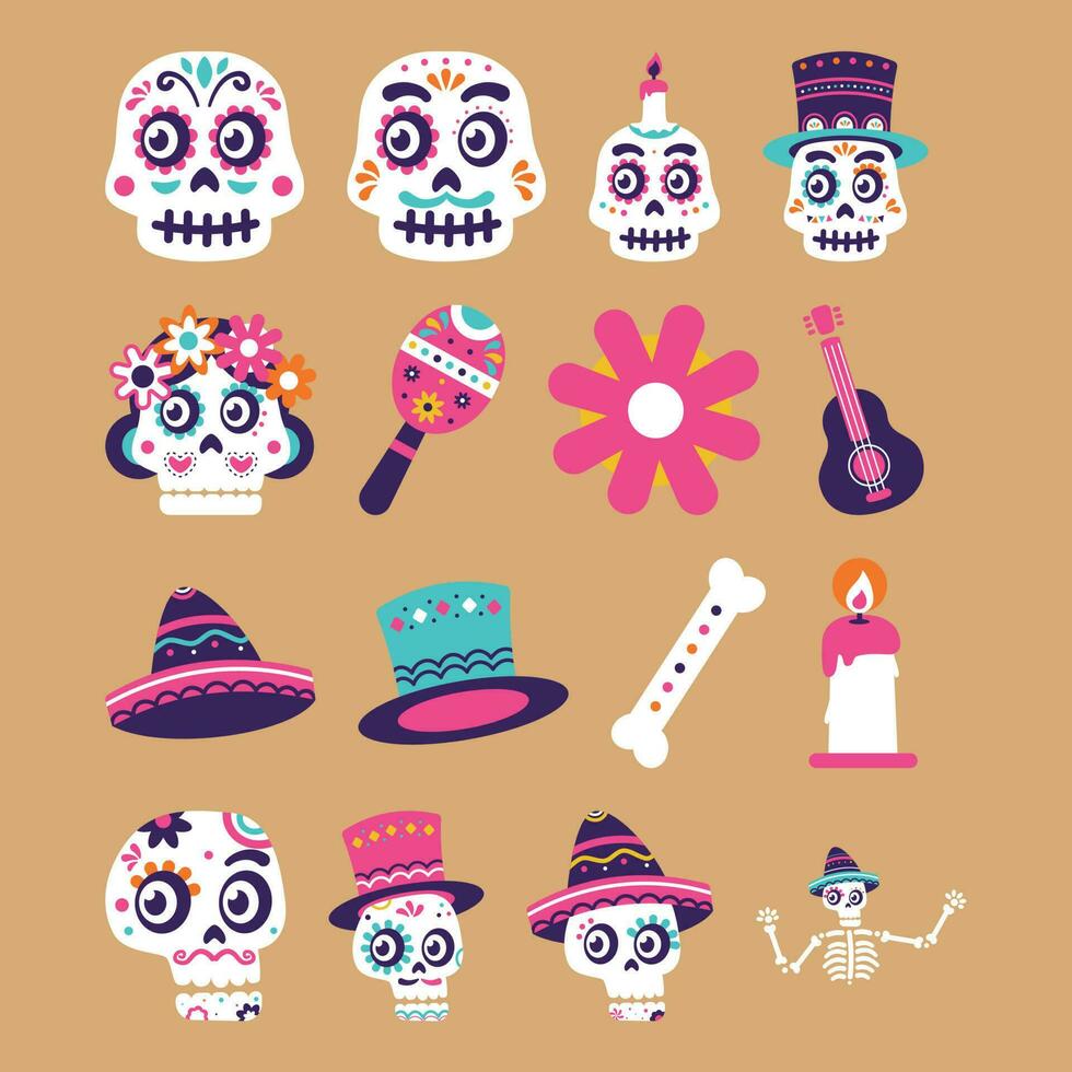 Tag von tot, dia de los Muertos, eben Vektor Abbildungen Satz. Zucker Mexikaner Schädel, Skelette im Mexikaner traditionell Kleidung. Hut, Blume, Kerze isoliert Cliparts. Urlaub Aufkleber, Patches Pack