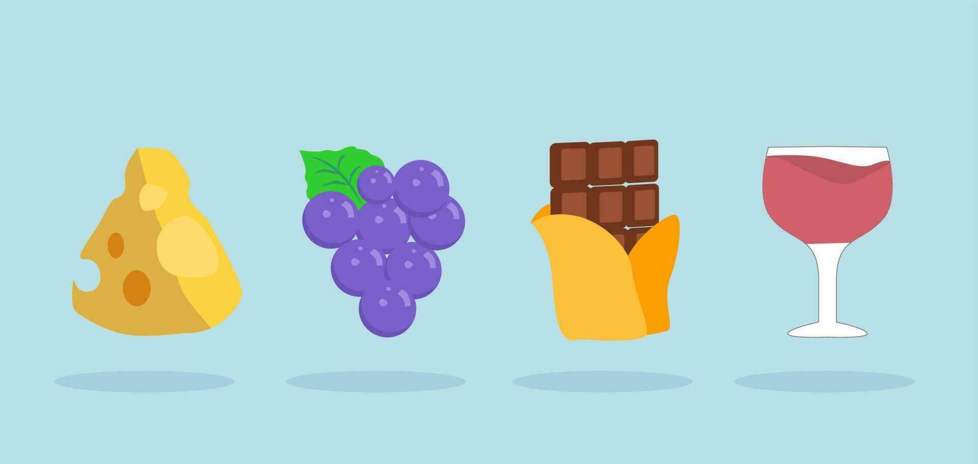 mat tecknad serie vektor ikon set.ost, vindruvor, choklad, glas av vin, choklad, vindruvor, ost