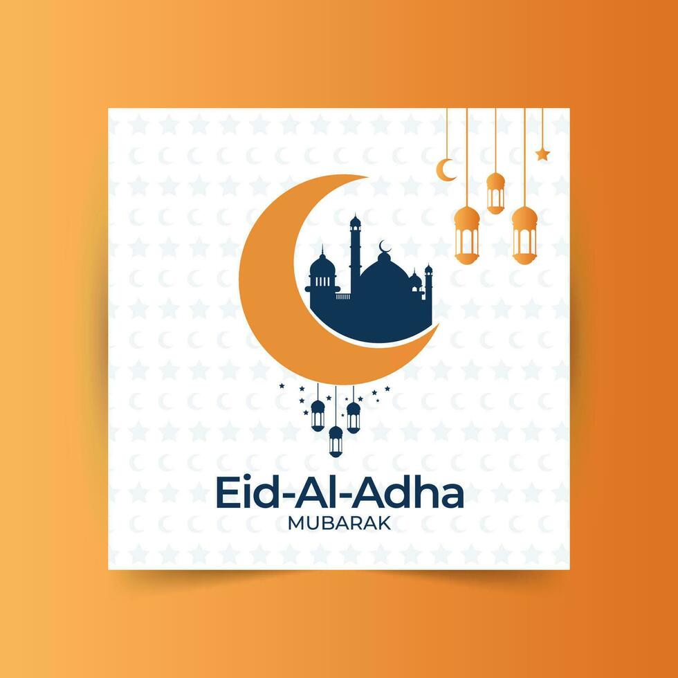 eid al adha Mubarak islamisch Festival Sozial Medien Banner Design, Vektor Illustration islamisch Hintergrund mit schön Moschee, Sterne, Mond und Laternen.