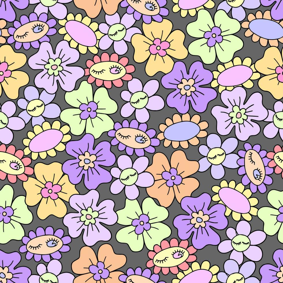 sömlös vektor mönster med hippie stil daisy på en grå bakgrund.