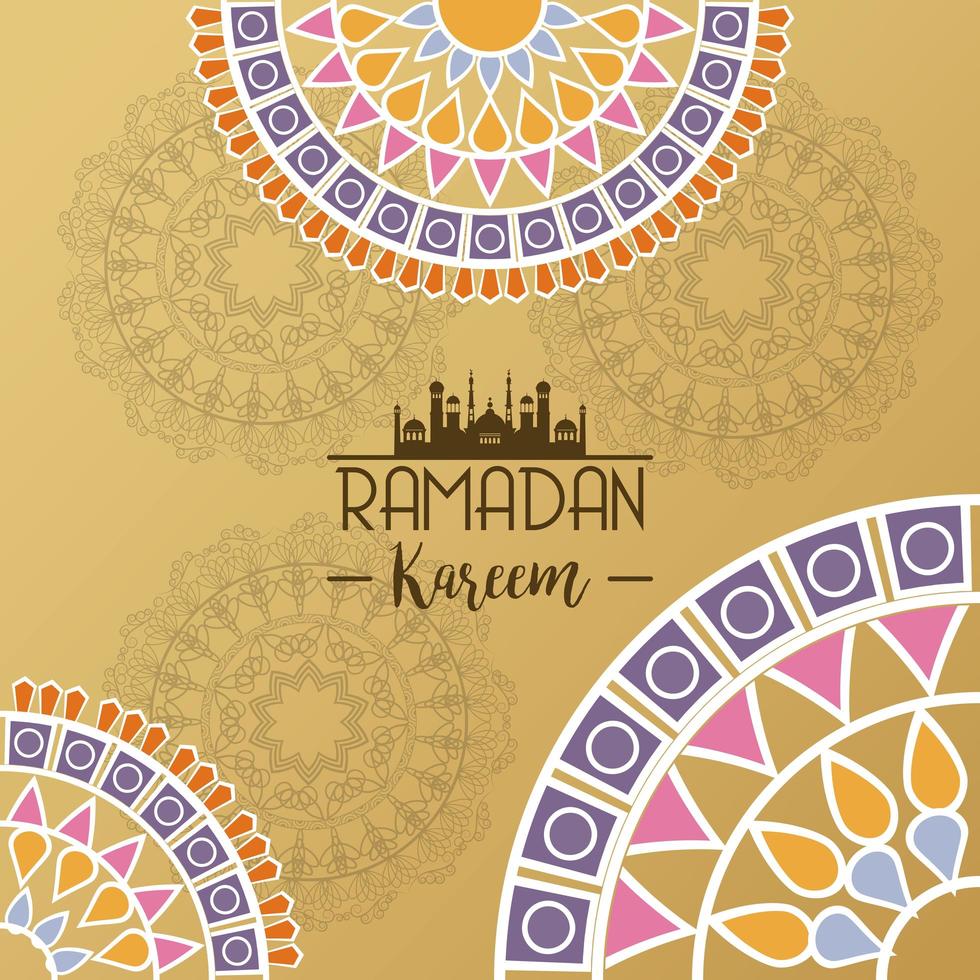 eid mubarak kort med bokstäver och mandalas ram vektor