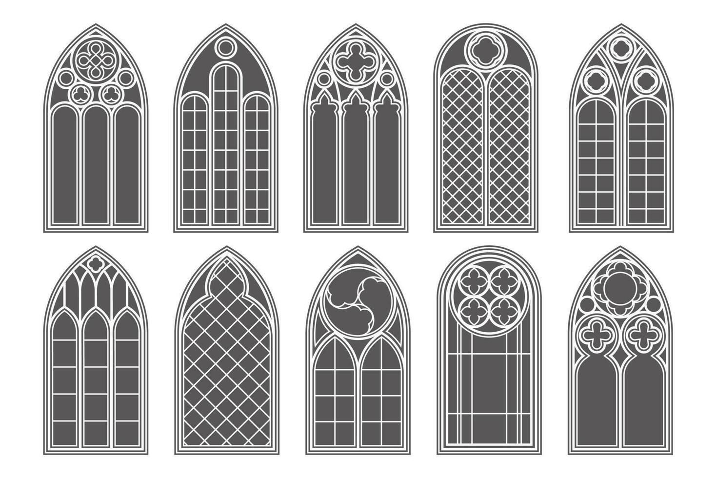 gotisch Kirche Fenster. Vektor die Architektur Bögen mit Glas. alt Schloss und Kathedrale Rahmen. mittelalterlich befleckt Innere Design. Jahrgang Illustration