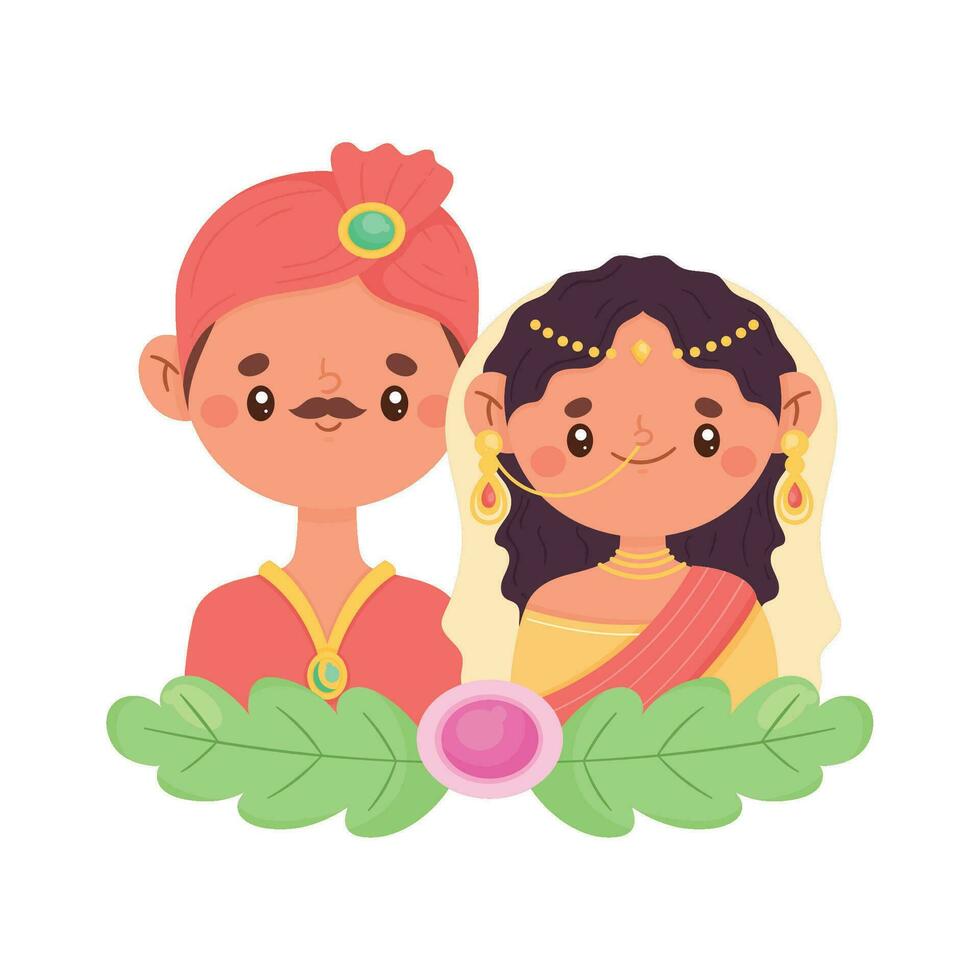 indisch Kultur Paar Liebhaber mit Blätter vektor