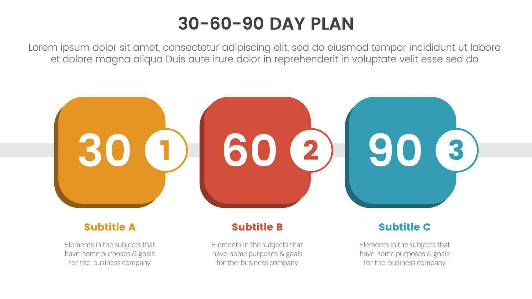 30-60-90 dag planen förvaltning infographic 3 punkt skede mall med runda fyrkant låda tidslinje begrepp för glida presentation vektor