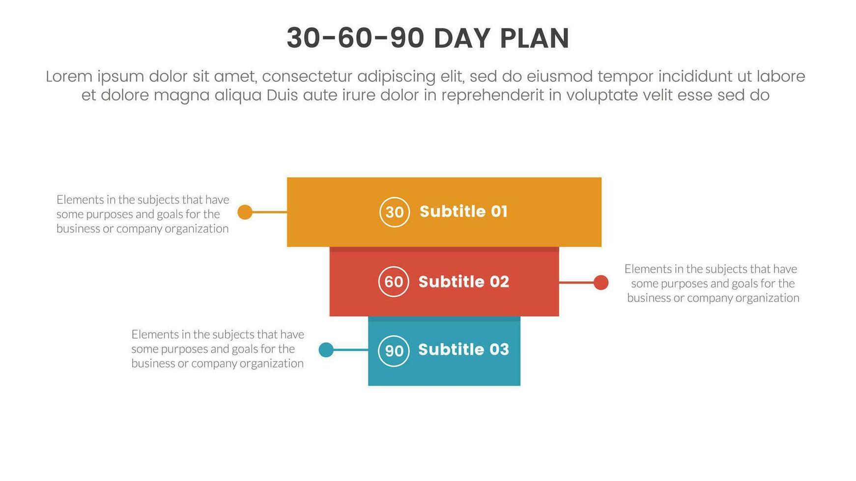 30-60-90 Tag planen Verwaltung Infografik 3 Punkt Bühne Vorlage mit Rechteck Pyramide rückwärts Konzept zum rutschen Präsentation Vektor