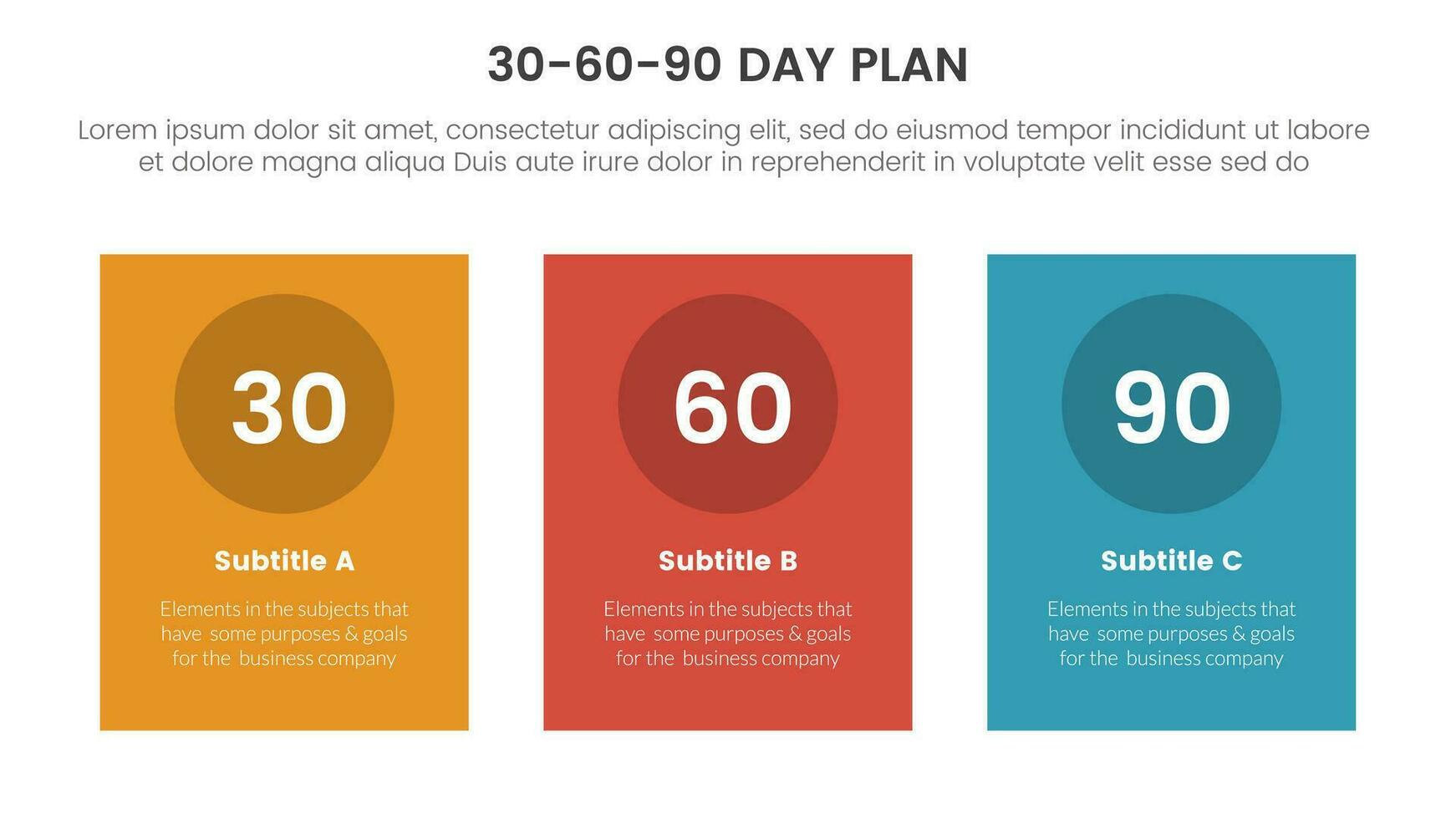 30-60-90 dag planen förvaltning infographic 3 punkt skede mall med vertikal rektangel låda begrepp för glida presentation vektor