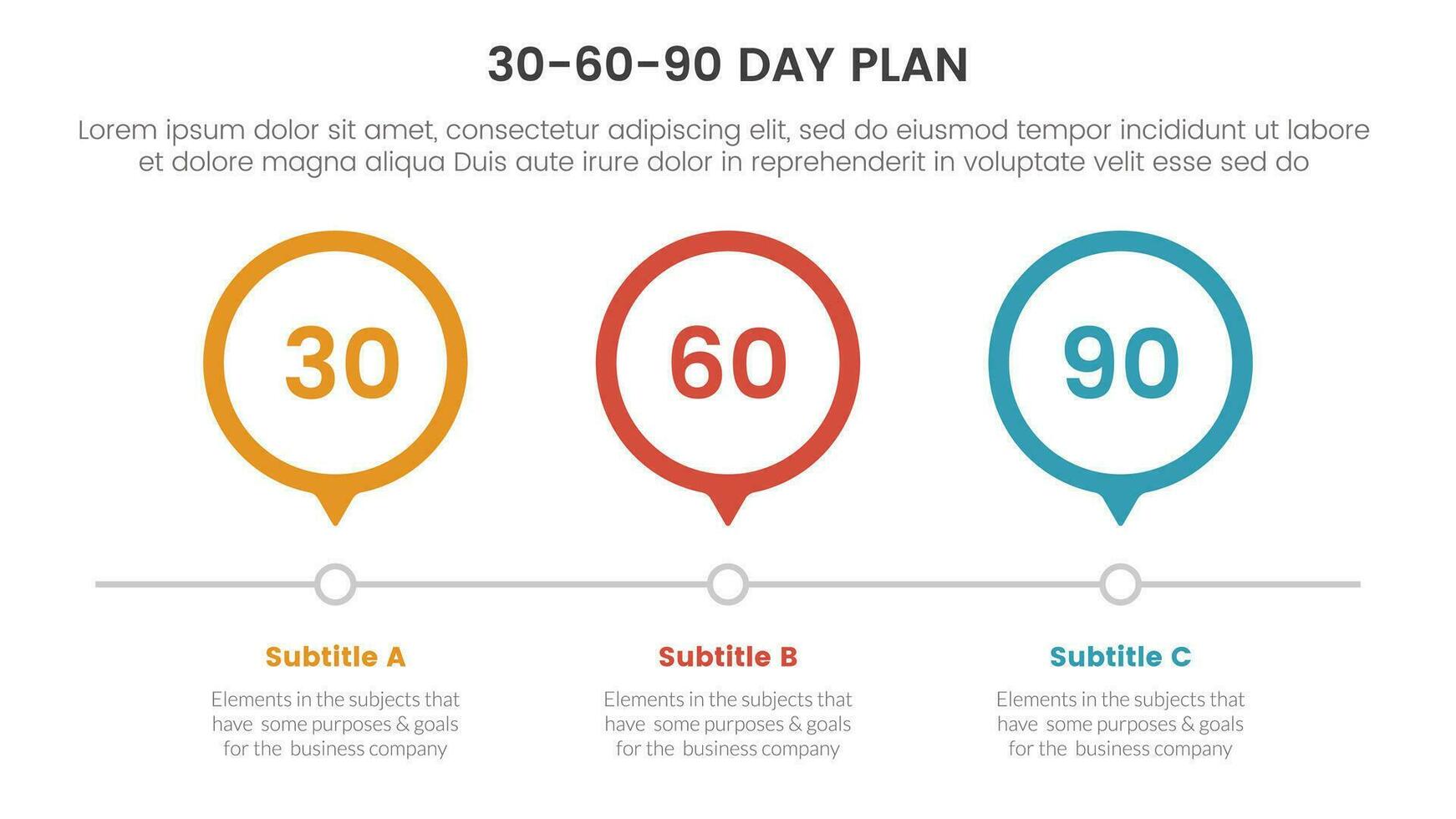 30-60-90 Tag planen Verwaltung Infografik 3 Punkt Bühne Vorlage mit 3 Kreis Zeitleiste richtig Richtung Konzept zum rutschen Präsentation Vektor