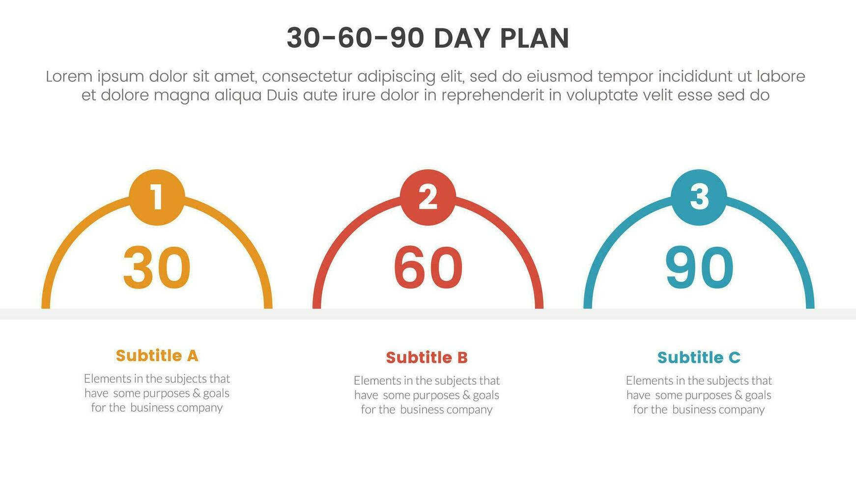 30-60-90 Tag planen Verwaltung Infografik 3 Punkt Bühne Vorlage mit Hälfte Kreis gestalten Konzept zum rutschen Präsentation Vektor