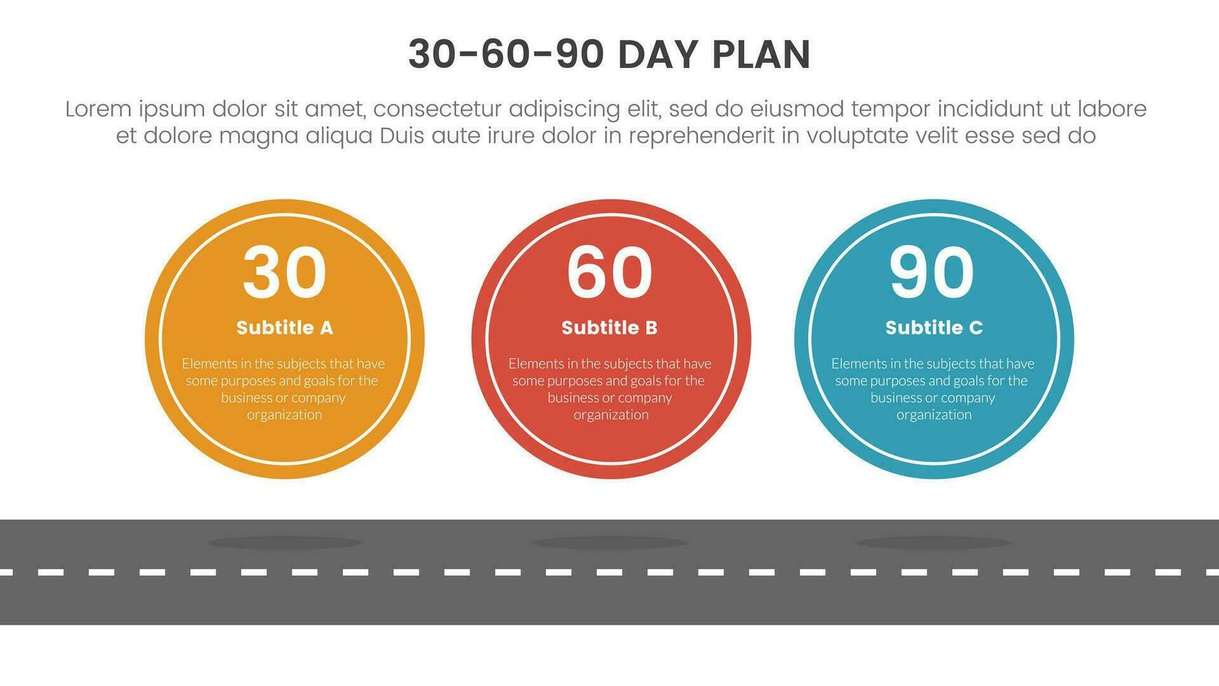 30-60-90 dag planen förvaltning infographic 3 punkt skede mall med stor cirkel symmetrisk horisontell begrepp för glida presentation vektor