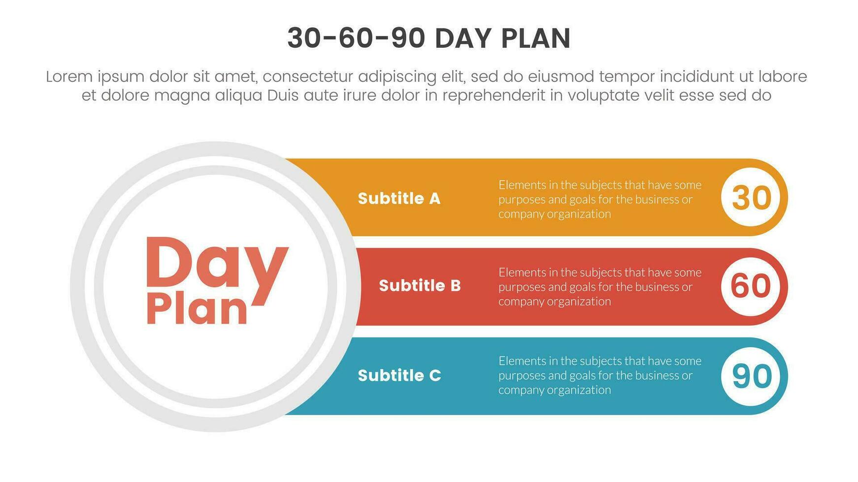 30-60-90 Tag planen Verwaltung Infografik 3 Punkt Bühne Vorlage mit groß Kreis und lange Text Box Verbindung Konzept zum rutschen Präsentation Vektor