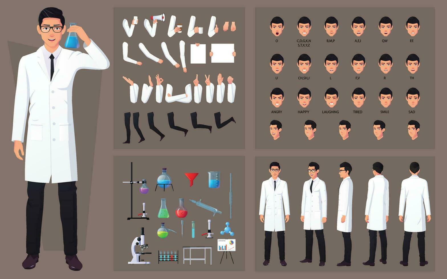 Wissenschaftler, Chemiker, Charakter Schaffung einstellen mit Mann tragen Weiß Labor Mantel, Labor Ausrüstung, Gesten und Gesicht Ausdrücke Vorderseite Seite zurück Aussicht vektor