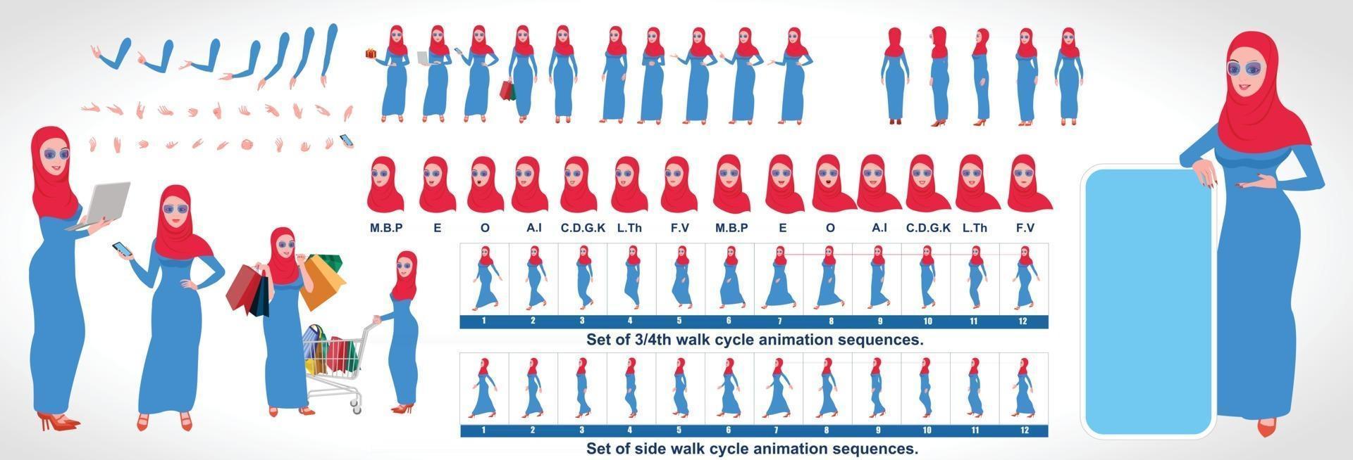 islamisches Mädchen Charakter Design Modellblatt mit Walk Cycle Animation Mädchen Charakter Design Vorderseite Seite Rückansicht und Erkläranimation Posen Zeichensatz mit verschiedenen Ansichten und Lippensynchronisation vektor