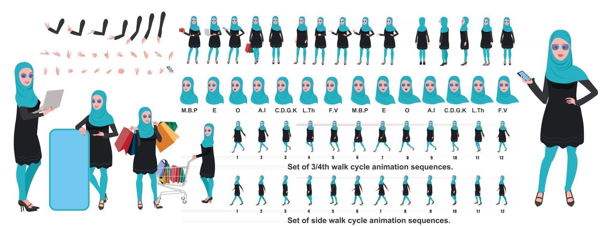 islamisches Mädchen Charakter Design Modellblatt mit Walk Cycle Animation Mädchen Charakter Design Vorderseite Seite Rückansicht und Erkläranimation Posen Zeichensatz mit verschiedenen Ansichten und Lippensynchronisation vektor