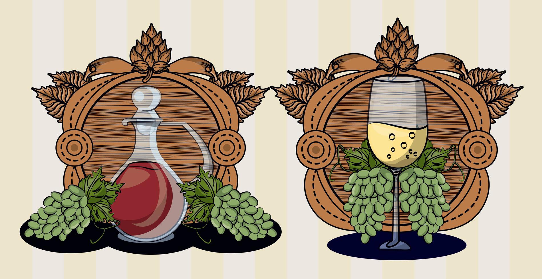 Weinfassgetränk mit Tasse und Trauben vektor
