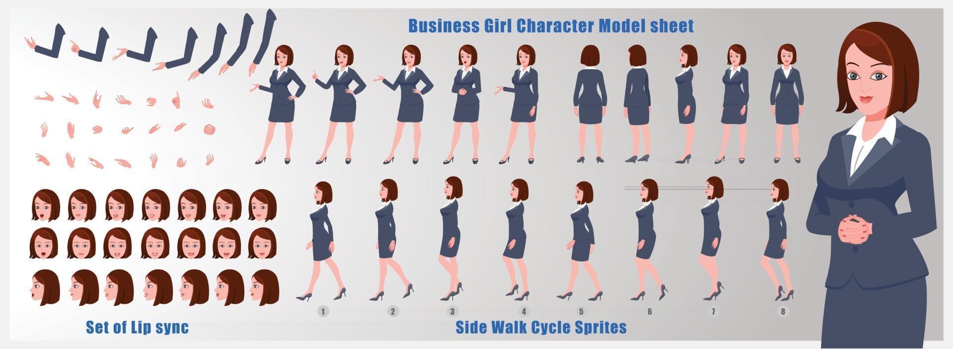 affärsflicka karaktärsdesign modellark flicka karaktärsdesign framsida bakifrån och förklaring animation poserar karaktärsuppsättning med läppsynkronisering animationssekvens av alla framsidor och baksidor gångcykel animationssekvenser vektor