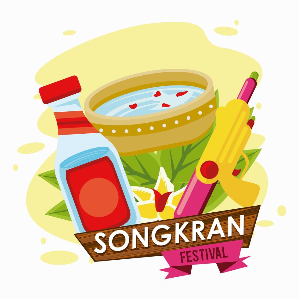Songkran-Feier mit Schüssel und Gewehrspielzeugwasser vektor