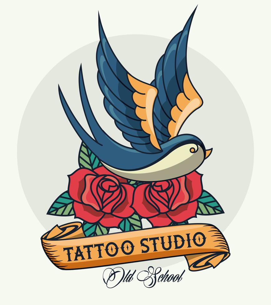 fågel och rosor tatuering studio bild konstnärlig vektor
