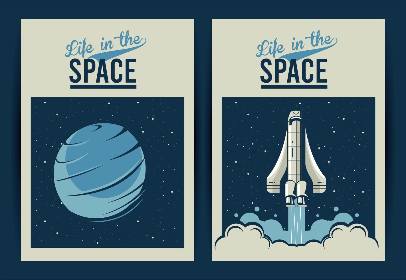 Leben in den Weltraum-Schriftzügen mit Raumschiff und Venus-Planet im Vintage-Stil der Plakate vektor
