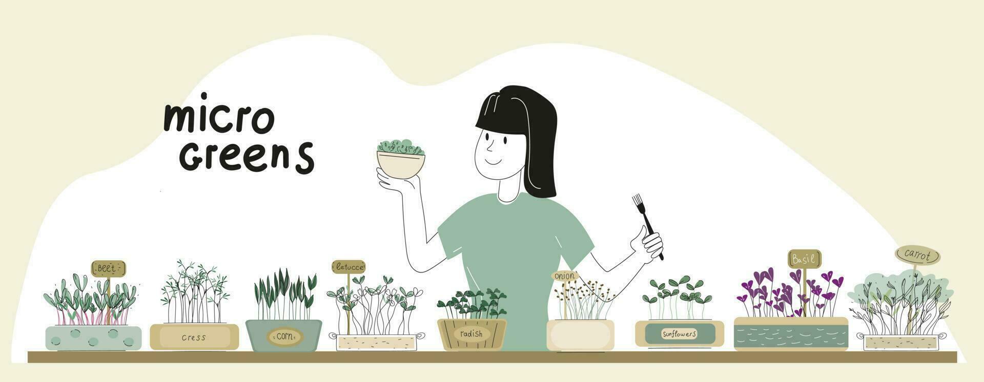 ein jung Frau ist halten ein Schüssel von Salat mit das Zusatz von Mikro Grüns. Microgreens im ein Container. gesund vegan Lebensmittel. Vektor einstellen Illustration im Gekritzel Stil isoliert auf Weiß Hintergrund.